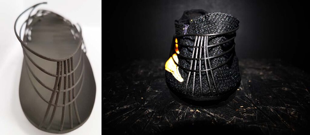 Pleko, der Stollenschuh zum Laufen auf der Bahn mit tragender Struktur aus 3D-Druck und Windform® SP. Mit freundlicher Genehmigung von CRP Technology/Miro Buroni